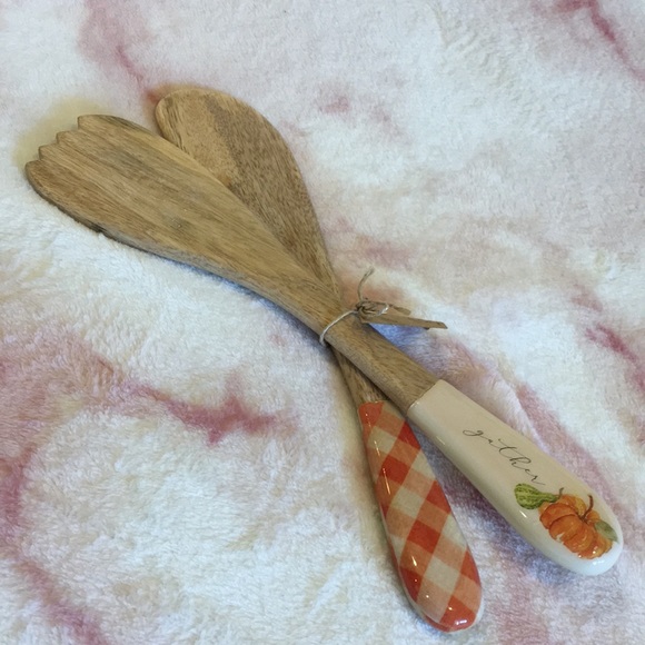 Gather Fall Thanksgiving Autumn Salad Server Set Salad Utensils, NWT Wood Enamel - Picture 13 of 16